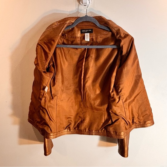 Jones New York SZ M Copper Tan Leather Metallic Sheen Lined Jacket with Pockets - Picture 7 of 9
